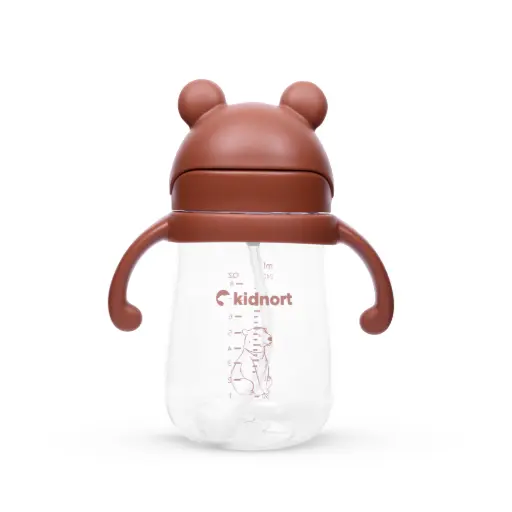 [KID000045] Kidnort Straw Bottle with Weighted Straw 240 ml Bringebaer Teddy Brown